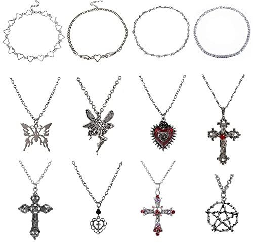BVLAGIDA 12 Stück Gothic Grunge Halskette Set Goth Punk Rock Silber Halskette Liebe Herz Kreuz Dornen Böses Auge Engel Flügel Halloween Halskette für Frauen Mädchen Kette Choker Halskette