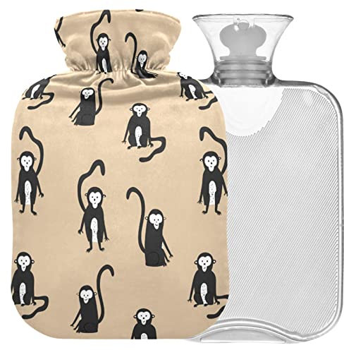 Naanle Niedliche Affen Wärmflasche mit Bezug Transparente Warmwasserflasche 1L Wärmflasche für Bett Hand Füße Wärmer Schmerzlinderung Wärme und Kältetherapie