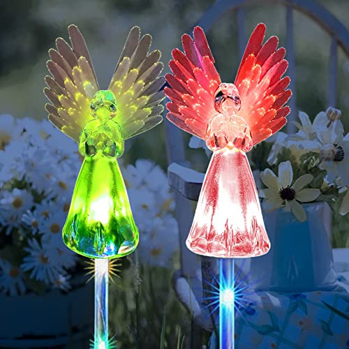 VGE Luci solari da giardino all'aperto, 2 pacchetti di luci solari a forma di angelo, pali LED multicolore che cambiano in fibra ottica, adatti per memoriali decorativi cimiteriali