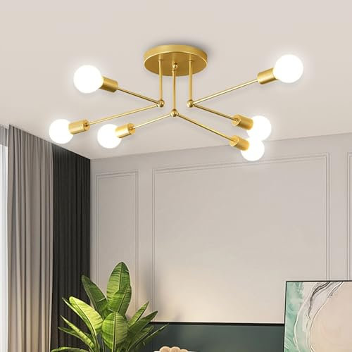 ZTWLEED Deckenleuchte Vintage,6 Flammig Industrielle Deckenlampe Gold,Deckenlampe E27,Form Verstellbar Kronleuchter,Retro Sputnik Deckenleuchte für Wohnzimmer Schlafzimmer (Ohne Glühbirne)