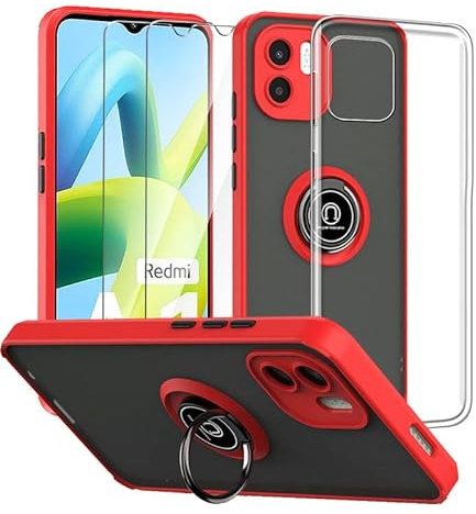 LYZXMY Funda para Xiaomi Redmi A1/Redmi A2 (6.52) Rojo con Soporte de Anillo + Funda Transparente para Teléfono + 2 x Protector de Pantalla de Vidrio Templado