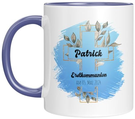 TassenTicker - personalisierte Tasse - Christliche Geschenk zur Kommunion - Mädchen - Jungen - Kreuz - Glückwunsch - Wunschtext - Erstkommunion - Kirche (Blau, Kommunion)