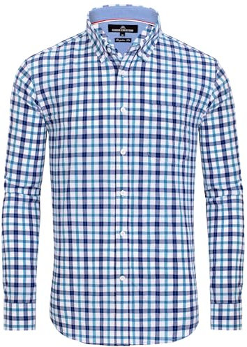 J.VER Tracht Hemd Freizeit Karohemd Button Down Arbeitshemd Traditionelles Männer Hemden Comfort Fit Trekking Langarm Shirt,Marine Blau Weiß,L