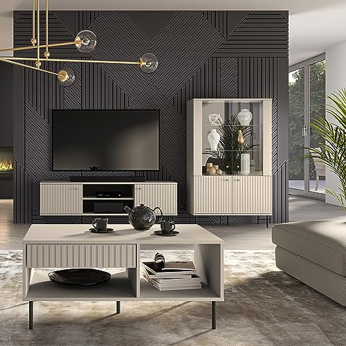 Lomadox Wohnzimmer Set in Kaschmir matt modern 3-teilig mit Riffeloptik mit Couchtisch, TV-Board, Vitrinenschrank