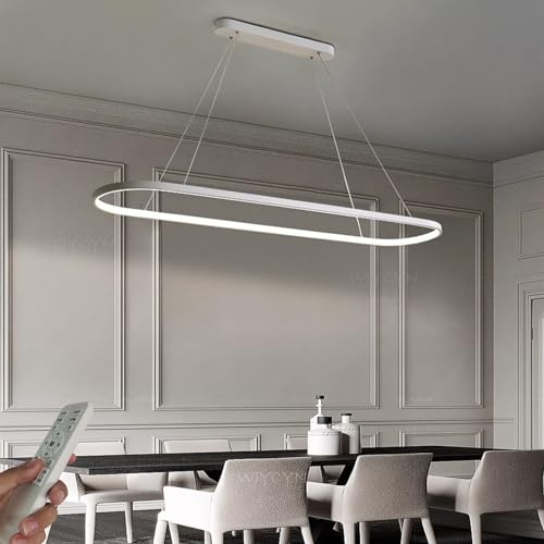 WJYCYN Dimmbar Oval LED Kronleuchter Pendelleuchte moderner Esstisch Büro mit Fernbedienung ring Hängelampe höhenverstellbar Blendfreesszimmer Arbeitszimmer Wohnzimmer Kücheleuchte B:Weiß L120cm 52W