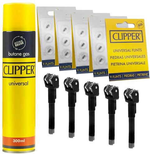 Clipper Lighter Accessory Kit | 1 x Clipper 300ml Gas Refill - 5 x Clipper Lighter Replacement Wheels - 5 x Packs Of Clipper Lighter Universal Flints