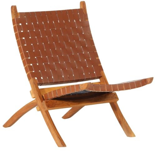 Festnight Retro Sessel Echtleder Klappbar Lesesessel Vintage Loungesessel Leder Relaxsessel Einzelsofa Ledersessel Einzelsessel Schlafzimmer Massivholz Akazie Braun 55x67x79 cm