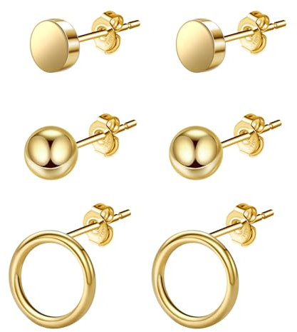 Hypoallergen Ohrringe Gold Set - 3 Paar Wasserfeste Kleine Ohrstecker für Mehrere Ohrlöcher - Damen Geschenke für Frauen Zum Valentinstag