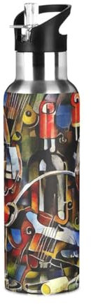 Borraccia termica vintage in acciaio inox per bambini, con coperchio con cannuccia, in vetro ad acquerello, a prova di perdite, per bici, corsa, passeggiate all'aperto, 590 ml