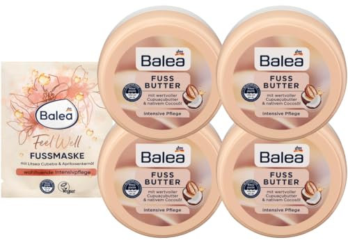 Balea 5er-Set Fusspflege: Fußmaske FEEL WELL Frische-Kick mit Litsea Cubeba & Aprikosenkernöl (15 ml) + FUSSBUTTER intensive Pflege für trockene Füße mit Cupuaçubutter & Cocosöl (4 x 150 ml), 615 ml
