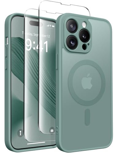 CAPRARO Magnetische für iPhone 14 Pro Hülle,[Kompatibel mit MagSafe] [Vollständiger Schutz der Kamera] Stoßfester Schutz Schlank Durchscheinende Matte iPhone 14 Pro Hülle,Mitternachtsg Gün