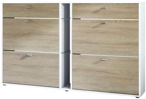 Vladon Schuhschrank Schuhkipper Today 155,5 x 95 x 28 cm, Made in Germany, Korpus in Weiß matt, Fronten in Eiche sägerau