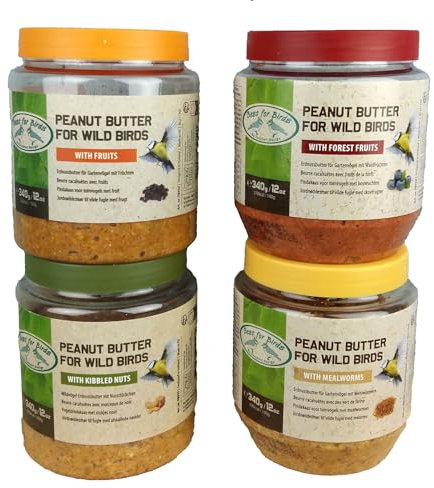 4X 340g Vogelfutter Erdnussbutter für Gartenvögel 4 Verschiedene Sorten Mehlwürmer Nussstücke Frucht Wildvogelfutter Vögel PET-Glas Fettfutter
