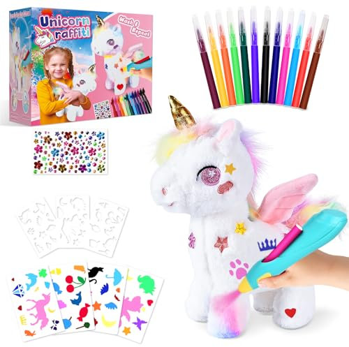 Aragallant Einhorn Kuscheltier Airbrush Elektrischer Set für Mädchen, Einhorn Spielzeug mit Farbsprühstift, 12 Filzstiften & 30 Schablonen, Aufkleber, DIY Plüschtier Kreativ Geschenke für Kinder