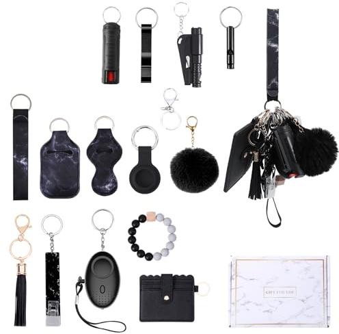 Ankilo Selbstverteidigung Schlüsselanhänger Set,Frauen mit Persönlicher Alarm, Sicherheits Schlüsselanhänger Set, mit Pfeife und Pom Pom, Self Defense Keychain Geschenke 17PCS für Frauen, Schwarz