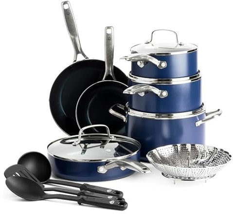 HJZSZX 14 Piece Cookware Pots and Pans Set Diamond Ceramic Nonstick Durable Metal,Blue,14 Piece Cookware