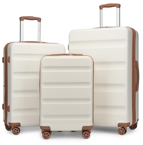 Kono 3-teiliges Koffer-Set, PC + ABS-Hartschalengepäck, leicht und erweiterbar mit TSA-Schloss, leichtgängige 360°-Drehräder, ideal für Reisen und Business (50,8 cm, 61 cm, 71,1 cm), Cremeweiß,