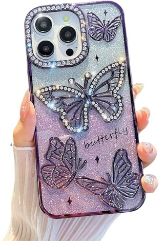 Emlivi Glitzer Hülle für iPhone 11, 3D Schmetterling Bling Diamant Handyhülle Transparent Soft TPU Bumper Cover, Farbverlauf Karte, Kameraschutz Stoßfest Schutzhülle für iPhone 11, Lila