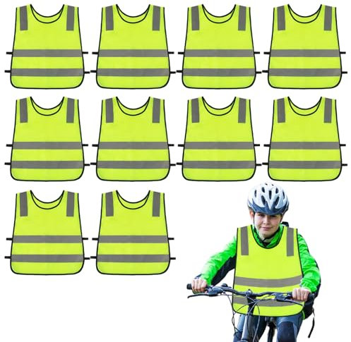 PORFOYO Lot de 10 Gilet de Sécurité pour Enfants, Gilet Securite Enfant, Gilet de Sécurité Enfants, Gilet Fluo Enfant, Gilet Reflechissant Enfant pour école, Sport, Course à Pied, Vélo (Vert)