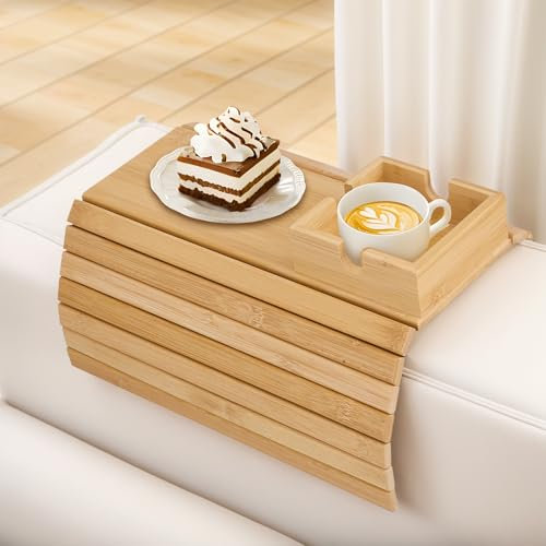 HuuppHip Sofa Arm Tray, Wooden Sofa Tray Table Bamboo Armrest Table Non-Slip for Cups, Bottles, Food, Drinks and Phones