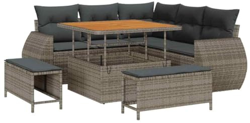 vidaXL 8-teiliges Garten-Sofaset mit Kissen in Grau aus Poly-Rattan und Akazie – Bequeme Sitzgelegenheit für Terrasse, Lounge, Veranda und Balkon.