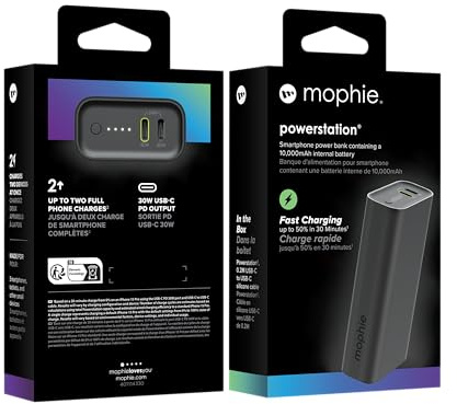 ZAGG mophie Powerstation 10K Power Bank, 10,000mAh Portable Battery with 2 USB-C Ports, LED, Dual Device Fast-Charging, Pocket-Friendly Design for Smart Phones, Tablets & Other Small Devices (Black)