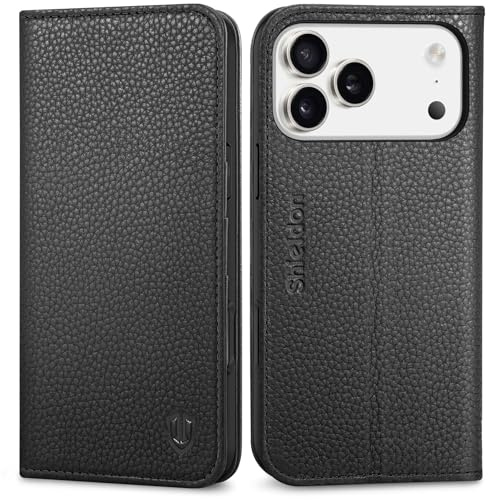 SHIELDON Real Leather Case Wallet for iPhone 17 Pro Max 6.9-inch | Foldable, Kickstand, RFID Blocking Credit Card Slot, Magnetic Closure, TPU Protective Inner Cover 5G 2025 - Pebbled Black