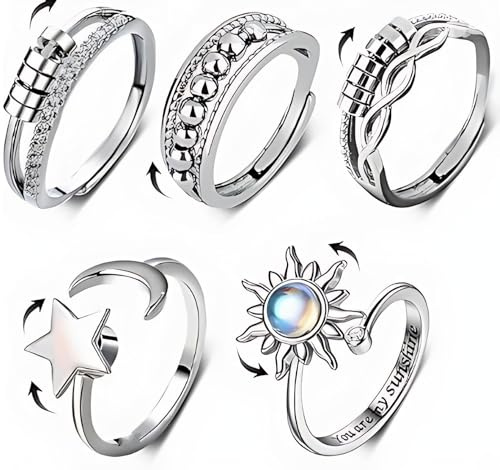 5 Stück Verstellbare Anti Stress Ringe Damen Zirkonia Offene Spinner Fidget Ring für Frauen Mädchen Angst Lindern Stapelbare Kupfer Versilbert Schmuck Akupressur Antistress Anxiety Ringen Valentinstag