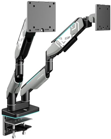 Diablo X-Arm Support d'écran pour 2 écrans RGB Bras réglable Double pour écrans de 17-49 Pouces éclairage LEDVESA 75 x 75 100 x 100 capacité 2 x 20 kg Pince ou œillet de Gestion des câbles Gris-Noir