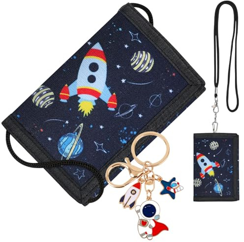 VZXQX Porte Monnaie Enfant Garçon, Portefeuille Enfant Garçon Ado avec Porte-clés et Fenêtre de Visibilité, Portefeuille à Trois Volets avec Cordon, Cadeau d'anniversaire (Motif Fusée)