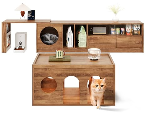 kozamas - Mueble de TV giratorio y extensible de hasta 260 cm, con cama para gatos integrada, mueble de TV bajo con fachada de cristal de nogal (1 mueble de TV + mesa baja, conjunto de muebles de