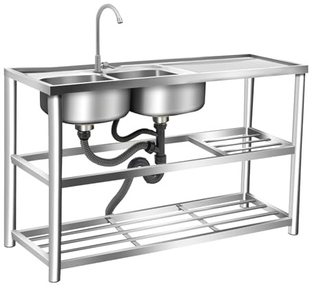 TCICOP Freistehend Spültisch Edelstahl Outdoor Spüle, Küche Spüle mit Unterschrank, Gastronomie Spüle mit 2 Becken und 360° Wasserhahn, 100 kg Tragfähigkeit, Küchenspüle für Restaurant, 120X45X80cm