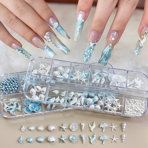 3D Nail Charms Summer Beach 2 Boxes Aurora White Blue Starfish Shell Beach Shell Coconut Palm Fish Tail Pearl Rhinestones Nails Charms Summer Sea Ocean Palm Tree Shell Nail Art Charms Nail Accessories