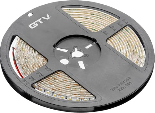 GTV LED Streifen 5m Rolle Flash 2835MW, 600 LEDs 120/m, Dimmbar, Wasserdicht IP65, 7,3W/m, 12V DC, 8mm Breit, alle 5cm teilbar, Lichtband Möbel Küche, Neutralweiß 4000K