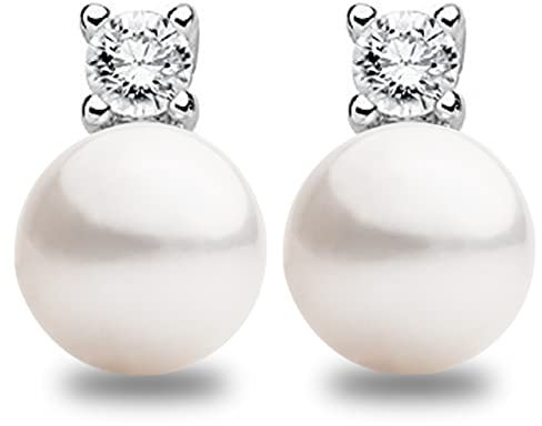 Orecchini di Perle Coltivate d'acqua dolce a forma di Bottone 10-11 con piccoli Zirconi SECRET & YOU. Design Tu ed Io - Argento sterling 925 rodiato con grandi dorsi o Omega B.