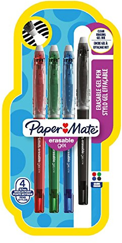 Paper Mate Erasable Gel Pen, Medium 0.7 mm Tip - Assorted Standard Colours, Pack of 4