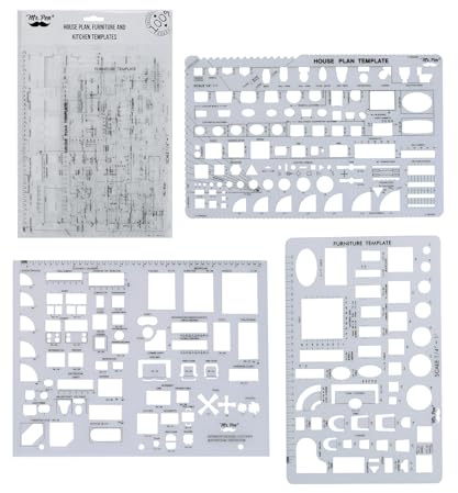 Mr. Pen- House Plan, 3 pcs, Interior Design and Furniture Templates, Clear Flexible Plastic, Drafting Tools, Ruler Shapes for Architecture, 1/4 Inch Scale, Kitchen, Bath, Bedroom, Office, Living Room