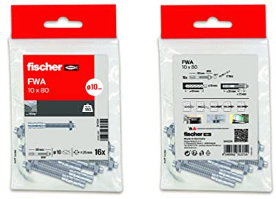 fischer - Tacos anclaje metálico expansión para hormigón, pernos anclaje de expansión, Bolsa 16 uds FWA 10x80