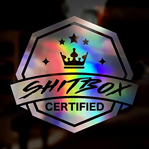 Certified ShitBox Sticker, Vinyl Decal Sticker, Oil Slick Chrome Holographic Iridescent Car Sticker, Car Window Bumper, Funny Camping Caravan Sticker, JDM Dub Euro Vdub, 160mm