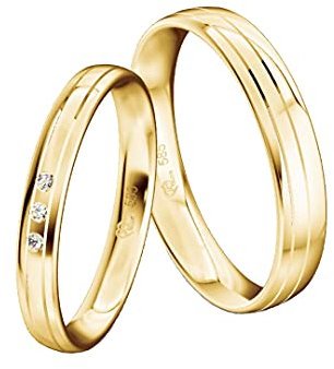 JC Trauringe Gold 585 Paarpreis Poliert I Traumhafte Eheringe I Einzigartige Partnerringe Gelbgold mit Gravur in edler Schatulle I 2 Hochzeitsringe Herrenring & Damenring mit einem Stein ICT12