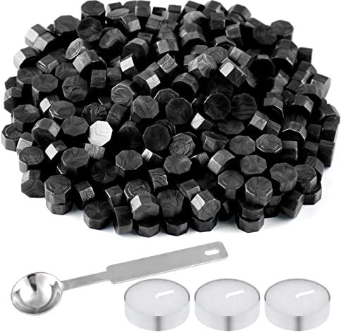 FEPITO 300 Stück achteckige Siegelwachsperlen mit 3 Stück Teekerzen und 1 Stück Wachsschmelzlöffel für Wachsstempelversiegelung (schwarz)