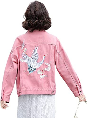 Lazutom Veste en jean brodée à manches longues pour femme, rose, 36