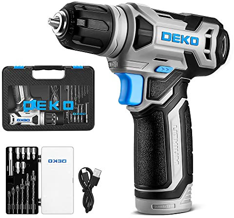 DEKO 8V Cordless Drill Set with case, Power Drill with 3/8 Keyless Chuck, 13pcs Acessories, Built-in LED, Type-C Charge Cable, Electric Drill Set for Men and Women