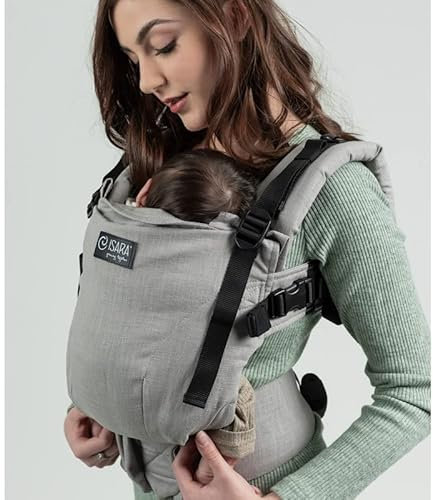 Isara The One Misty Linen - verstellbaren Babybauchtrage - 3-20 kg - Für Neugeborenen ab geburt - Bauch und Rückentrage - baby tragesystem - 100% Bio Baumwolle