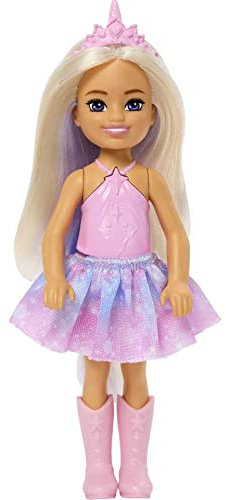 Barbie Dreamtopia Chelsea Einhorn kleine Puppe mit abnehmbarem Schwanz, Horn-Stirnband-Zubehör und Lavendelhaar, biegt sich an der Taille