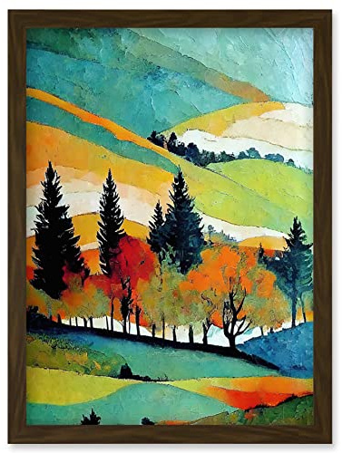 Wee Blue Coo Colourful Autumn Landscape Scotland Hillside Forest Oil Painting Artwork Framed Wall Art Print A4