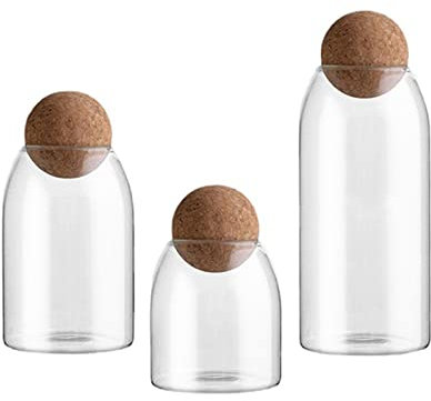 BestAlice Lot de 3 Bocaux en Verre avec Couvercle en Liège, 17/23/34 Oz en Verre avec Boule de Liège, Bouteille Ronde en Verre de Liège, Petit Bocal à Bonbons avec Couvercle en Bois(Lisse)