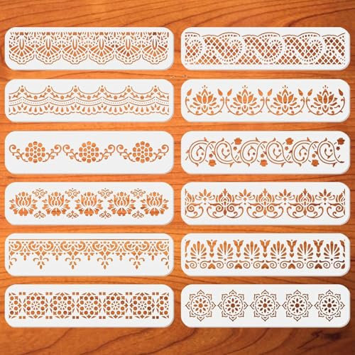 ORIGACH 12 Stück Blume Grenze Schablonen, Verschnörkelte Mandala Grenze Malerei Schablone, Wiederverwendbare DIY-Bastelschablonen, Wand Malen Schablonen, Malschablone für Malerei Holz Wand Deko