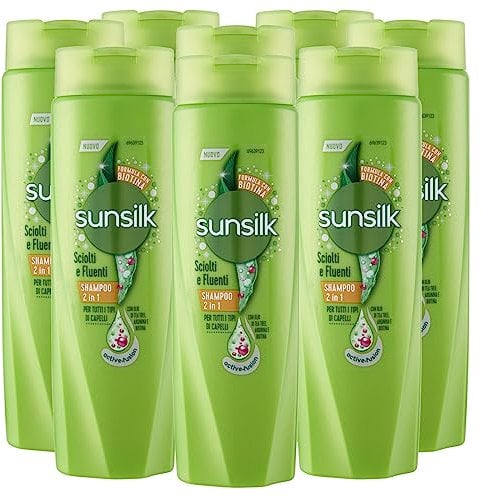Sunsilk Sciolti e Fluenti Shampoo e Balsamo 2in1 per Tutti i Tipi di Capelli con Tea Tree Arginina e Biotina - 8 Flaconi da 250ml