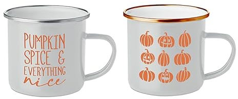 Fyne-Finds Set of 2 Enamel White Orange Mug Coffee Tea Water Cup Pumpkin Autumn Halloween Festive Kitchen Tableware
